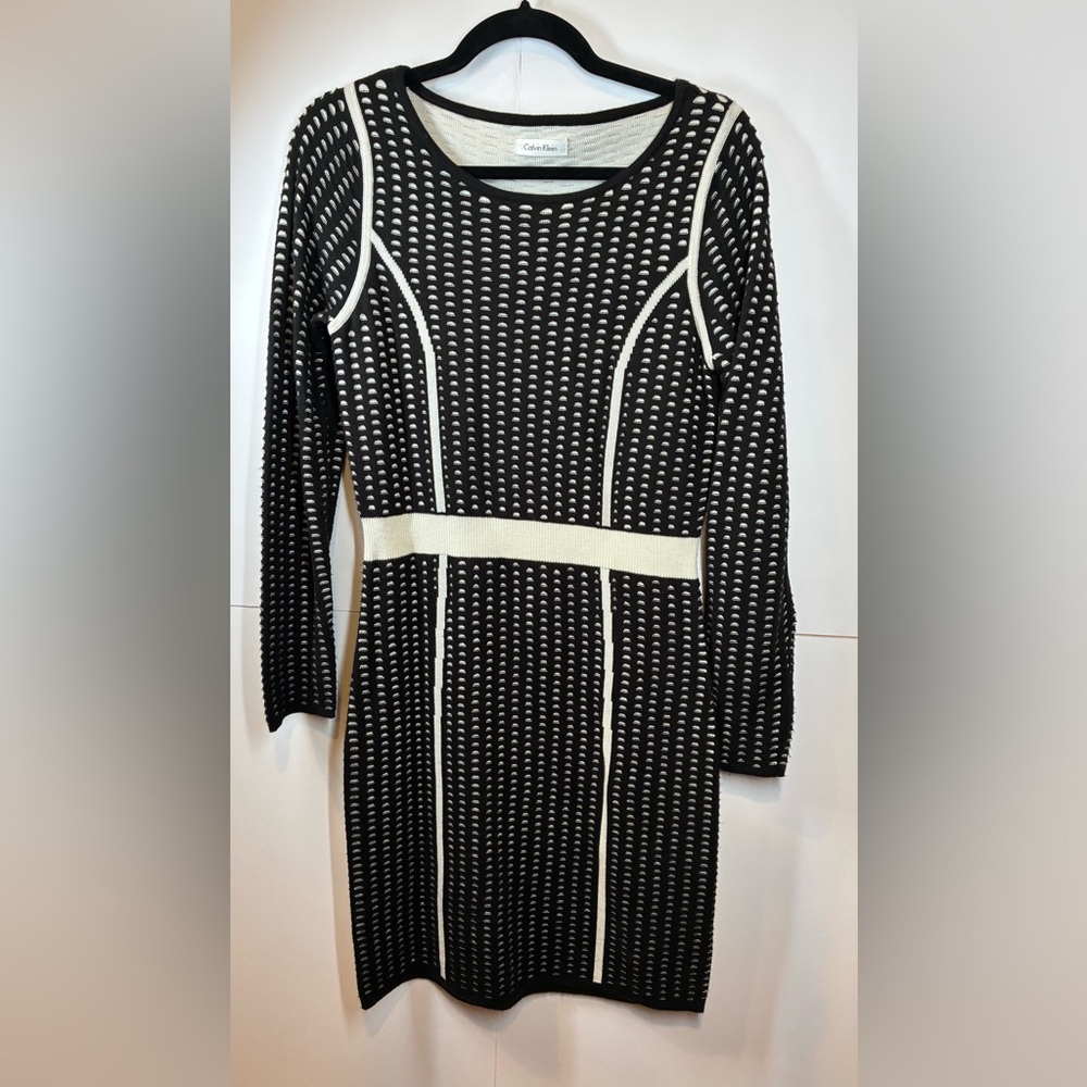 Calvin Klein Black & White Long Sleeve Textured Mesh Sweater Dress